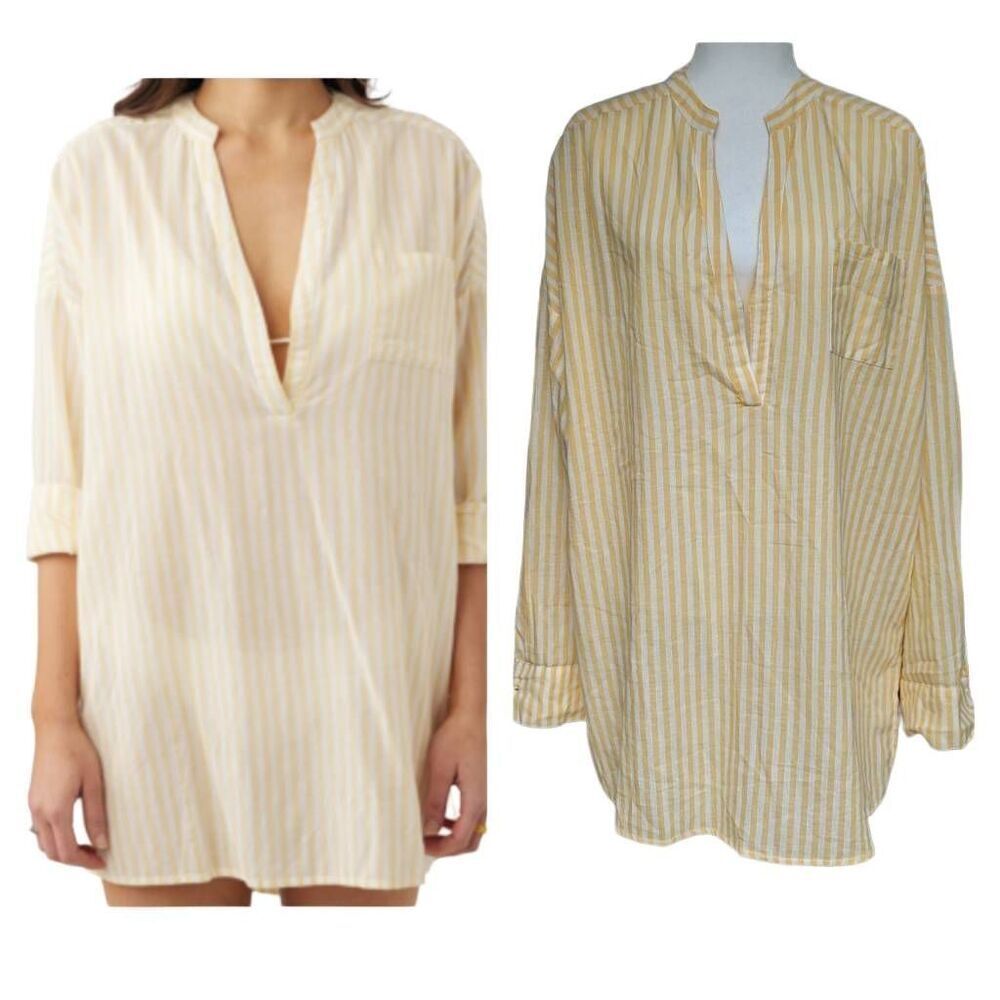 New O'Neill Belizin Yellow White Stripes Cover Up Oversized Size L Round V-neck - Picture 2 of 10